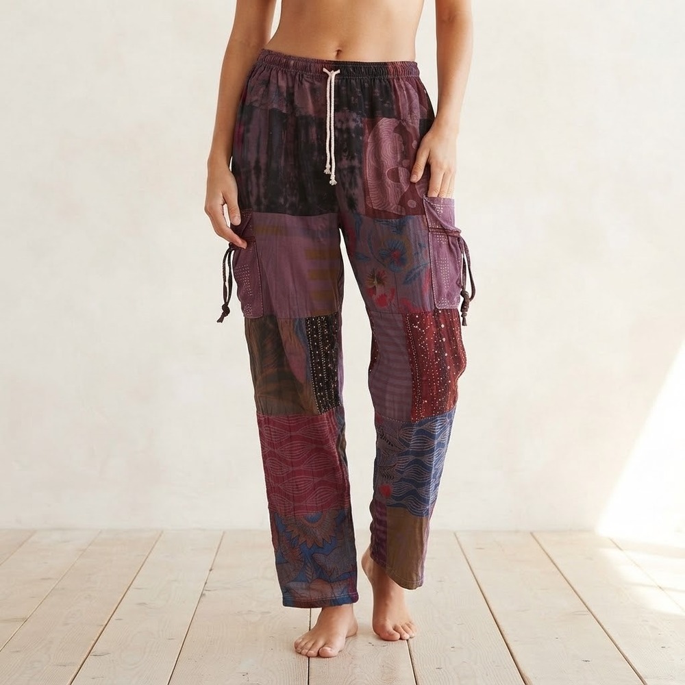 Ashley Taylor Boho Patchwork Cargo Pants 100% Cotton One Size Festival Hippie